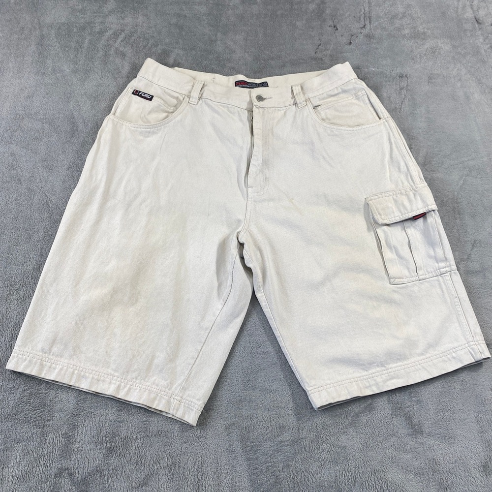 Vintage FUBU Cargo Shorts Men W40 Cream Denim Carpenter Baggy Streetwear Utility